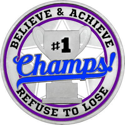 Royal Blue "Champs!" with Purple Outer Circular Borders